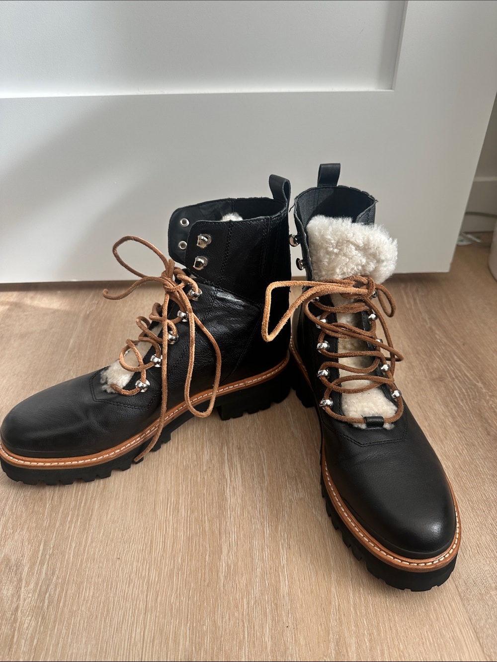 Marc Fisher Black Lace-Up Ankle Boots with Brown Laces and Shearling